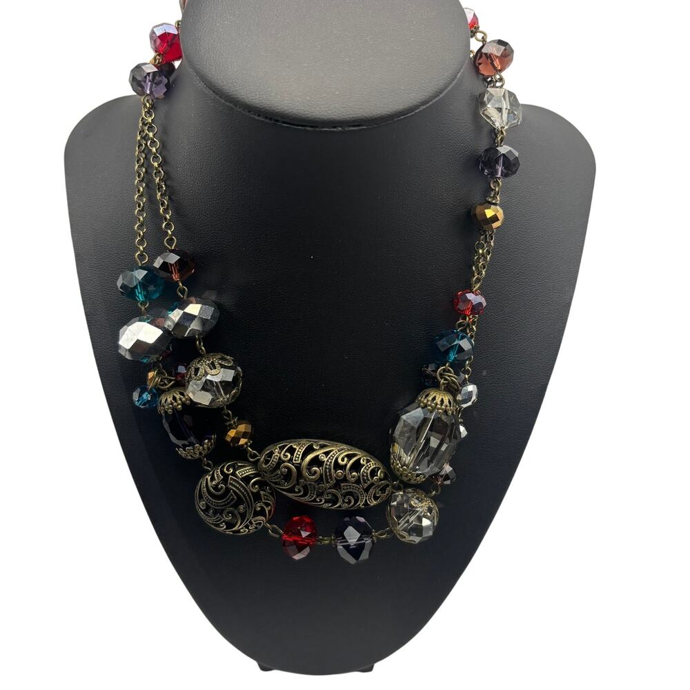 Vintage Inspired Statement Beaded Necklace Gold-Tone Filigree Beads